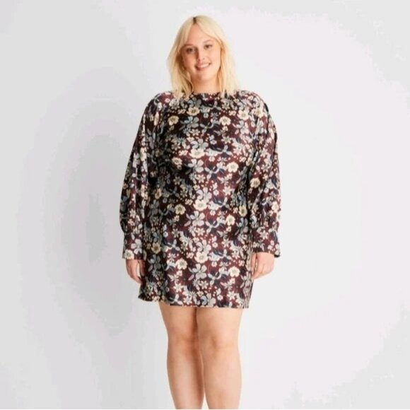 NEW Long Sleeve Satin Mini Dress Future Collective w Reese Blutstein Size 24 - Picture 1 of 12